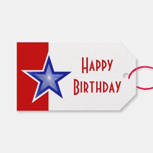 Étiquettes-cadeau Blue Star Red print Joyeux anniversaire (Devant (Horizontal))