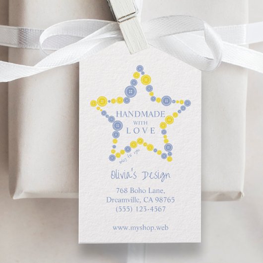 Étiquettes-cadeau Blue & Yellow Original Buttons Star Handmade Love