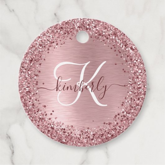 Étiquettes Cadeau Blush Pink Brushed Metal Glitter Monogram Name (Devant)