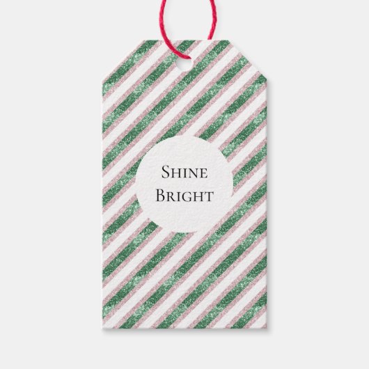 Étiquettes-cadeau Blush Pink Green Glitter Stripes Christmas (Devant)