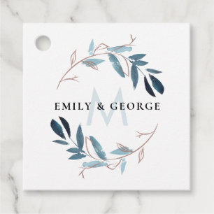ÉTIQUETTES CADEAU BLUSH ROSE BLEU FOLIAGE MONOGRAM WREATT MARIAGE
