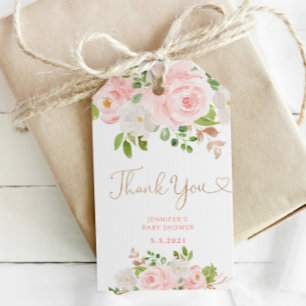 Étiquettes-cadeau Blush rose floral or merci