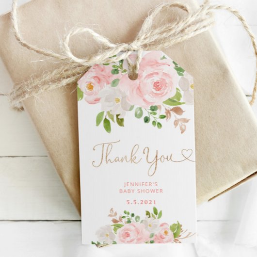 Étiquettes-cadeau Blush rose floral or merci