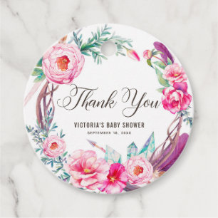 Étiquettes Cadeau Boho Aquarelle Peonies roses Merci de couronne
