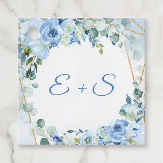 Étiquettes Cadeau Boho bleu fleuri eucalyptus & or nom initiales (Devant)