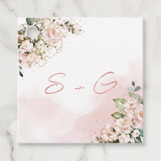 Étiquettes Cadeau Boho bleu rose floral mariage initiales monogramme (Devant)