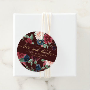Étiquettes Cadeau Boho Bloom Bourgogne foncée et Merci bleu marine