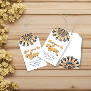 Étiquettes-cadeau Boho Blue Sunflower Typographie rétro