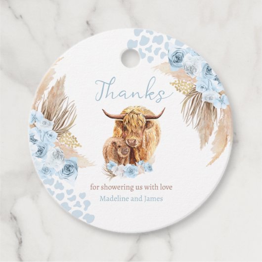 Étiquettes Cadeau Boho Cow Blue Pampas Grass Boy Baby shower Faveurs (Devant)