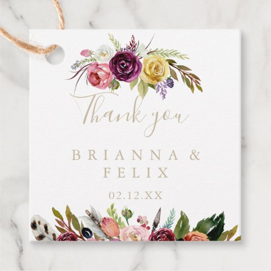 Étiquettes Cadeau Boho en plumes d'or Mariage floral tropical (Devant)