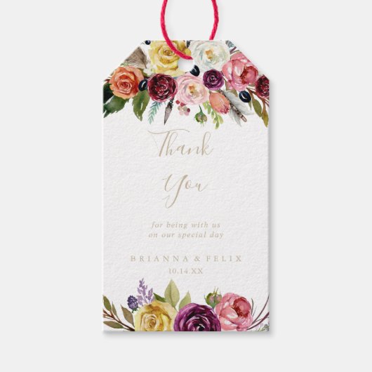 Étiquettes-cadeau Boho en plumes d'or Merci Mariage tropical (Devant)