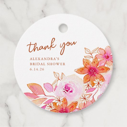 Étiquettes Cadeau Boho Fleurs Rose Orange Douche Merci (Devant)