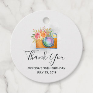 Étiquettes Cadeau Boho Orange Caméra & Bouquet Floral Aquarelle