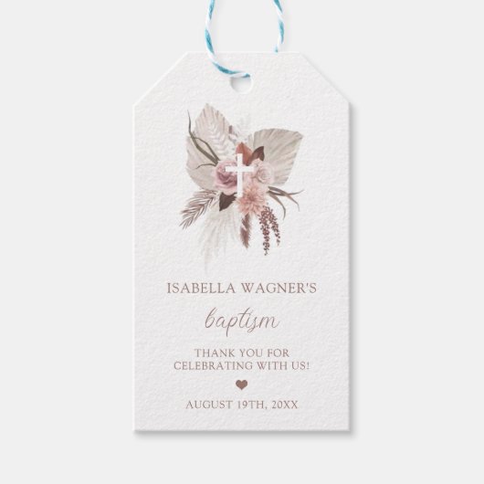 Étiquettes-cadeau Boho Pampas Grass Baptême (Devant)