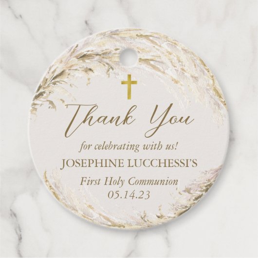 Étiquettes Cadeau Boho Pampas Herbe Communion moderne (Devant)