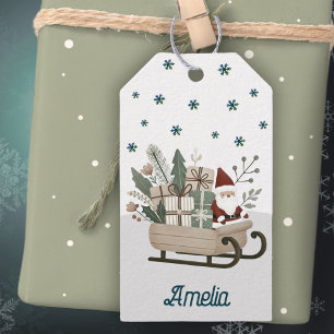 Étiquettes-cadeau Boho Père Noël sur la seligh avec des cadeaux Snow