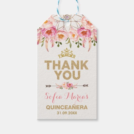 Étiquettes-cadeau Boho Pink Gold Flowers Quinceanera Faveurs (Devant)