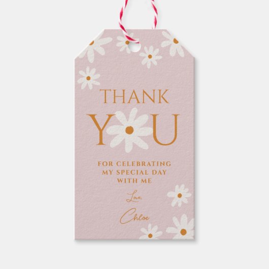 Étiquettes-cadeau Boho Retro Blush Rose Merci de marguerite (Devant)