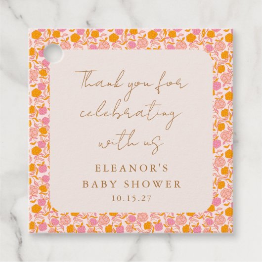 Étiquettes Cadeau Boho rose Orange Floral Cute Baby shower Merci (Devant)