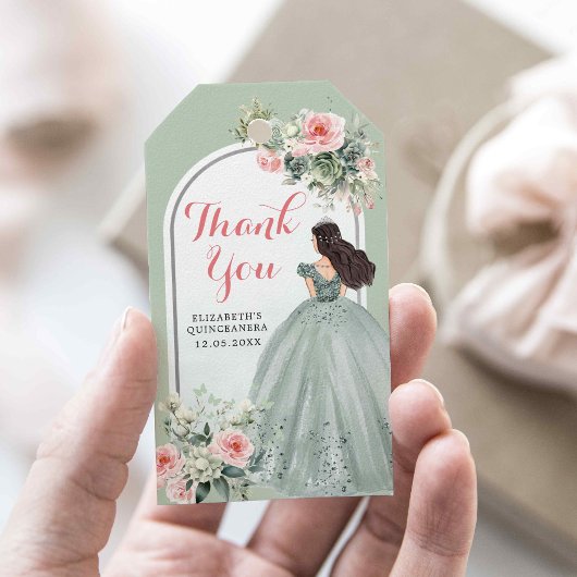 Étiquettes-cadeau Boho Sage Green Rose fille 15 Años Merci