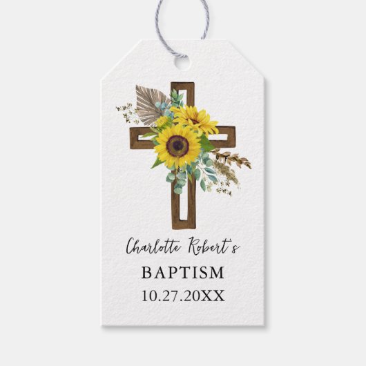 Étiquettes-cadeau Boho Sunflower & Eucalyptus Rustic Cross Baptism (Devant)