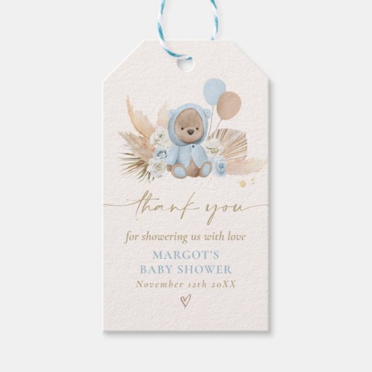Étiquettes-cadeau Boho Teddy Bear Bleu Bearly Wait Baby shower (Devant)