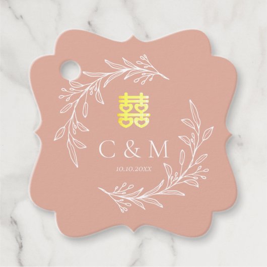 Étiquettes Cadeau Boho teintée feuille rose vermeil mariage chinois  (Devant)