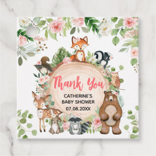 Étiquettes Cadeau Bois Animaux Floral Baby shower en tranches de boi