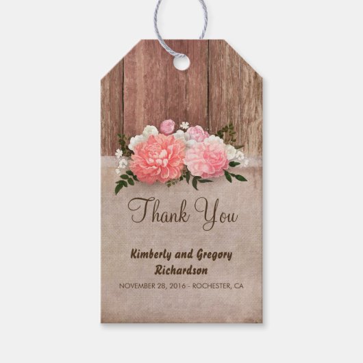 Étiquettes-cadeau Bois Burlap Fleurs roses Mariage campagnard rustiq (Devant)