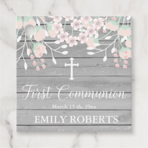 Étiquettes Cadeau Bois gris rustique blush floral première communion