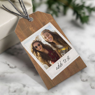 Étiquettes-cadeau Bois rustique avec cadre photo Carré