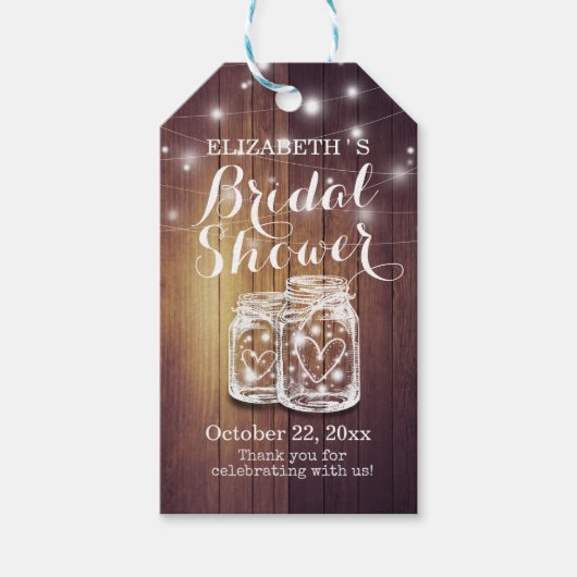 Étiquettes-cadeau Bois rustique Mason Jar String Fête des mariées (Devant)
