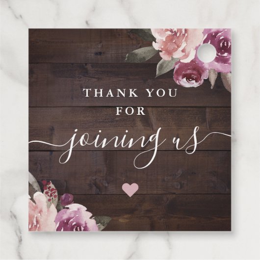 Étiquettes Cadeau Bois rustique mauve fleuri avec mariage d'amour (Dos)