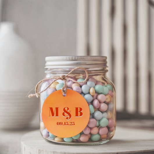 Étiquettes Cadeau Bold Orange Watercolor Sunset Monogram Wedding