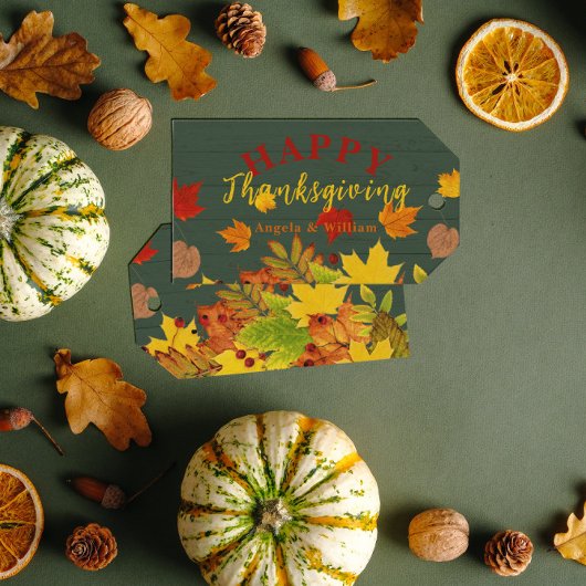 Étiquettes-cadeau Bon thanksgiving Chute Coloré Feuillage Sur Bois