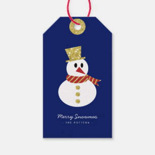 Étiquettes-cadeau Bonhomme de neige Fun Christmas Blue & Gold