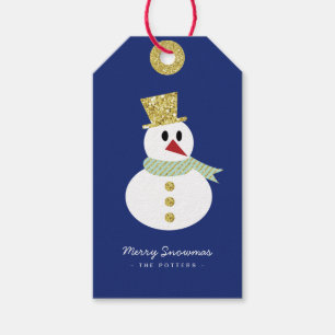 Étiquettes-cadeau Bonhomme de neige Fun Christmas Blue & Gold Tags