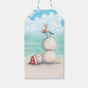 Étiquettes-cadeau Bonhomme de neige tropical de yoga sur la plage
