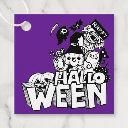 Étiquettes Cadeau Bonne Halloween mignonne Doodle Citrouille Chat ma (Devant)