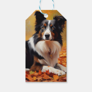 Étiquettes-cadeau Border Collie dans les feuilles d'automne chute in
