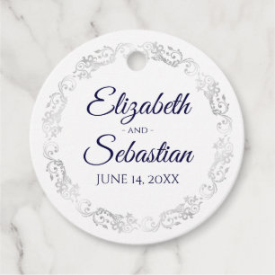 Étiquettes Cadeau Bordure en argent Lacy Marine Bleu et Mariage blan