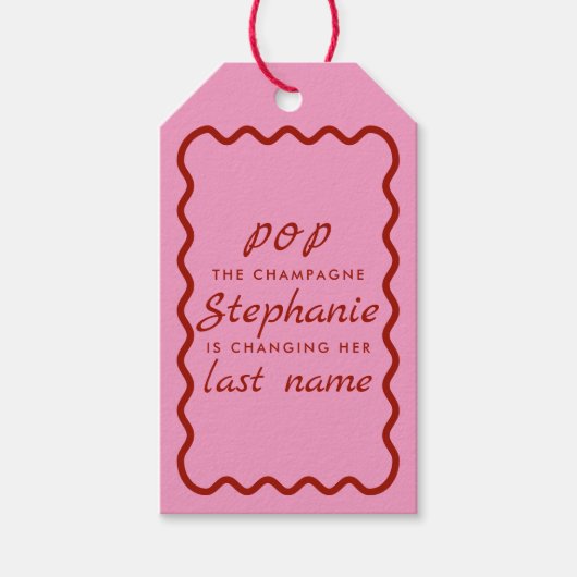 Étiquettes-cadeau Bordure ondulée rose et rouge Pop le Champagne (Devant)