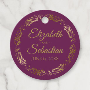 Étiquettes Cadeau Bordure Or Lacy Elegant Cassis Purple Mariage