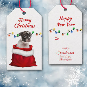 Étiquettes-cadeau Boston Terrier chiot dans le sac Père Noël