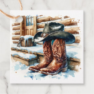Étiquettes Cadeau Bottes de cowboy sur le porche avant Noël