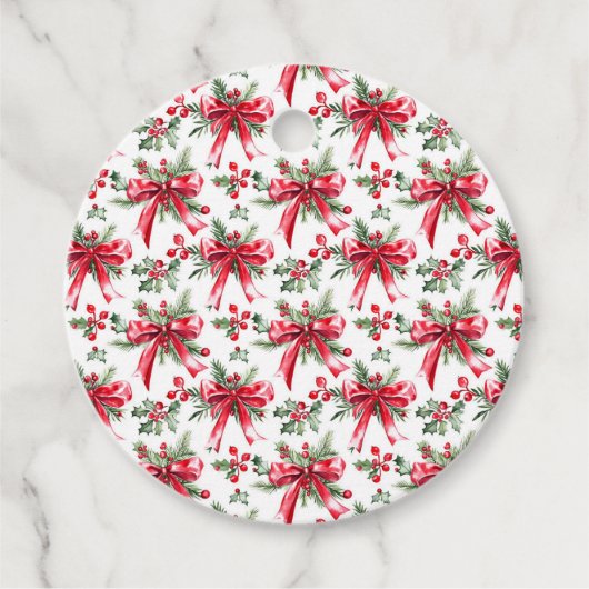 Étiquettes Cadeau Bouges de pin de Noël et Bow rouge (Devant)