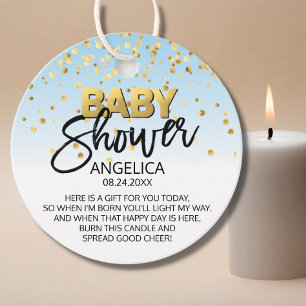 Étiquettes Cadeau Bougie Baby shower en or bleu Votive Favoriser