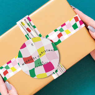 Étiquettes Cadeau Boule de disco colorée moderne Tartan Plaid Noël