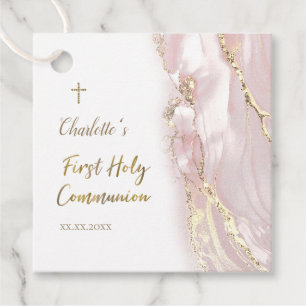Étiquettes Cadeau boule de marbre fluide rose Première Communion