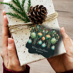 Étiquettes Cadeau Boules de Noël chic vert et or pour sapin